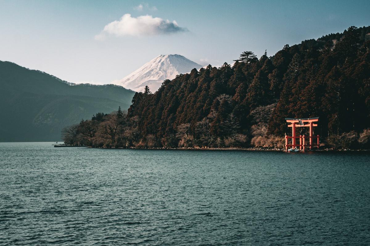 El torii del santuario de Hakone en el lago Ashi, con el Fuji al fondo